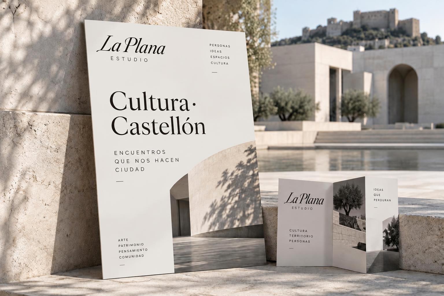 Concepto de comunicación institucional en Castellón con cartel y folleto cultural La Plana Estudio, no proyecto adjudicado